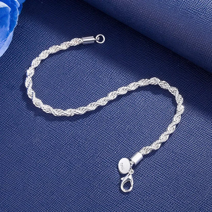 925 Sterling Silver Bracelet 4mm20cm Flat Side Chain Lobster Clasp For Woman Man Wedding Engagement Jewelry