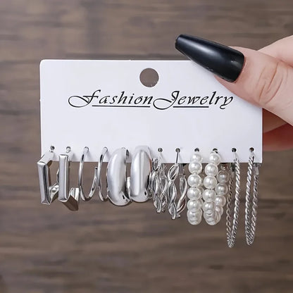 Vintage Silver Color Y2K Pearl Earrings for Women Geometry Round Circle Square Hoop Earring Set Fashion Female Jewelry Access