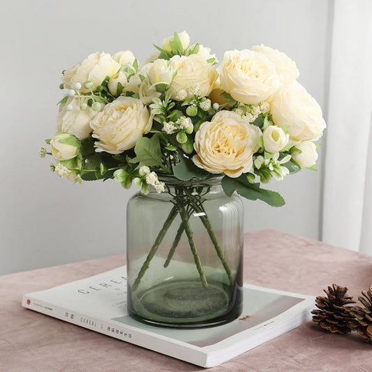 1pcs/30cm Rose Pink Silk Bouquet Peony Artificial Flower 5 Big Head 4 Small Bud Bride Wedding Home Decoration Artifi