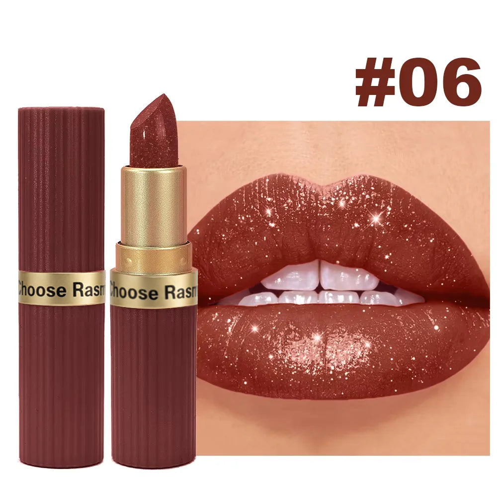 Pearlescent Pink Glitter Velvet Lipstick Metallic Waterproof Long Lasting Matte Shimmer Diamond Lipstick Women Makeup Cosmeti
