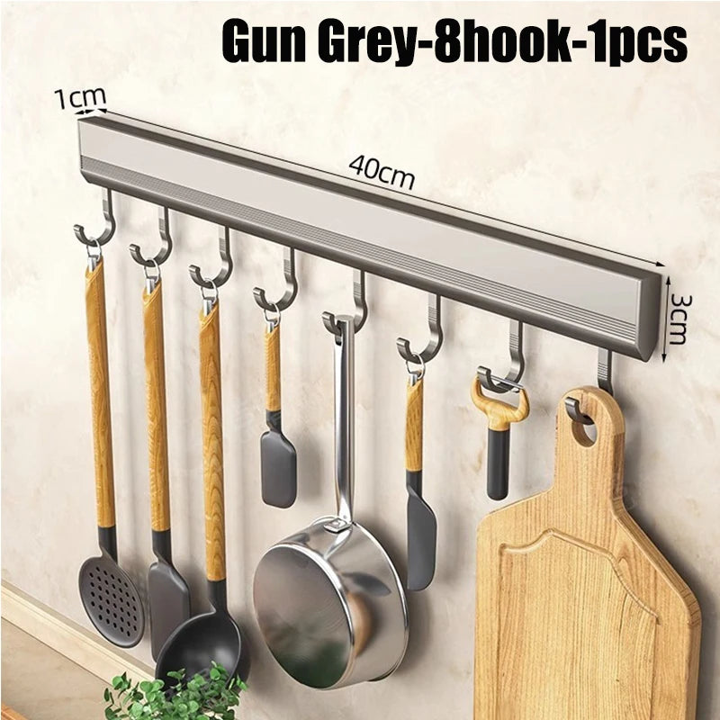 Kitchen Storage Rack Aluminum Alloy Hook Rack Wall Mounted Kitchen Utensil Storage Rack Bathroom Robe Towel Hanger - 8 hooks