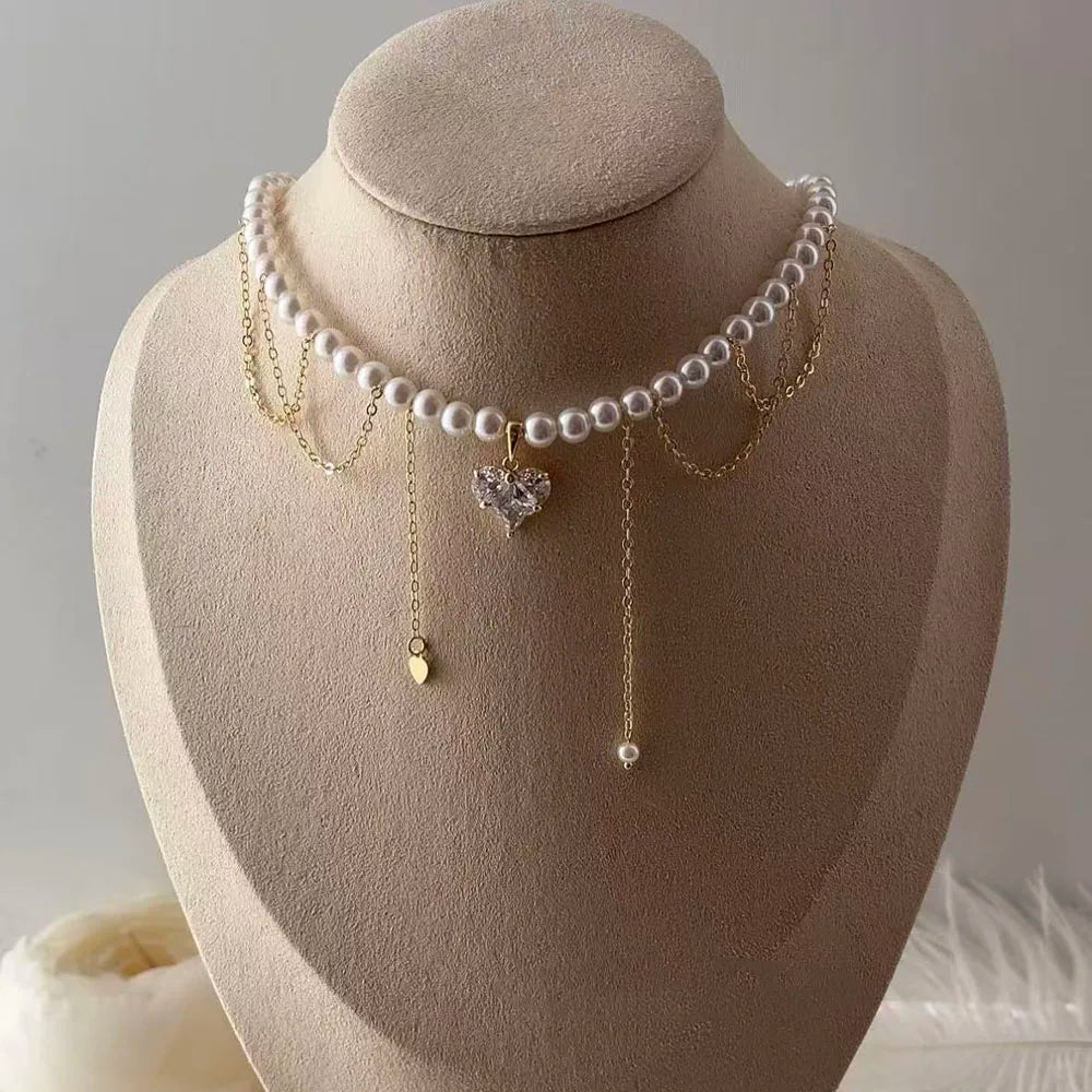 Fashion Tassel Chain Pendant Necklace For Women Boho Transparent Crystal & Imitation Pearl Chain Jewelry Valentine's Gift N05