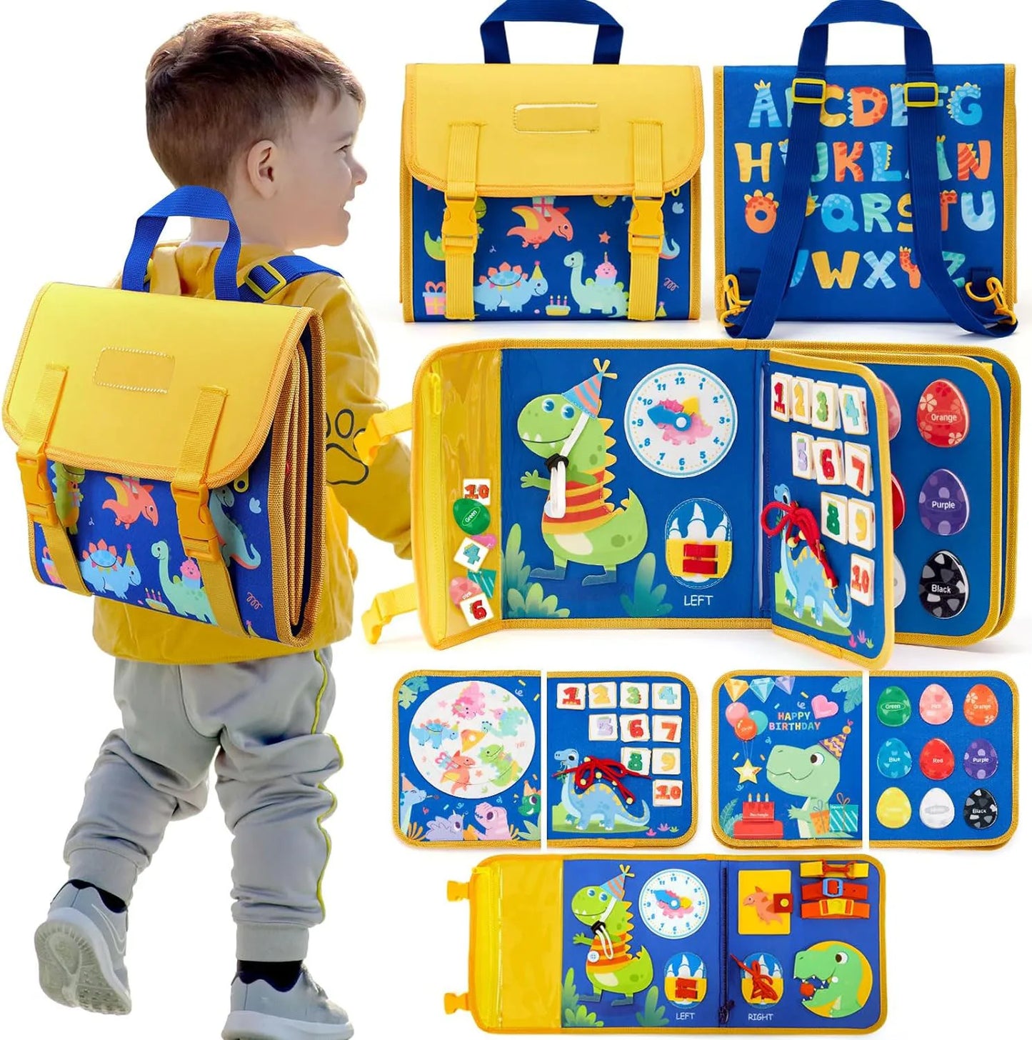 Toddler Busy Board Montessori Toys Learning Educational Activities Travel Toy Dinosaur Dress up Sensory Life Skill Backpack -