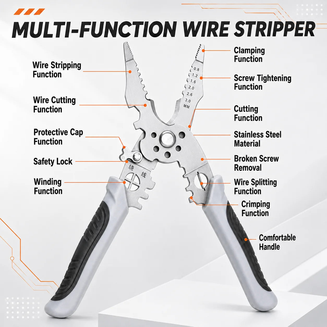 8.5 Inch Multi Functional Industrial Wire Stripper Cutter Crimper Heavy Duty Stainless Steel Electrical Pliers Ergonomic Grip