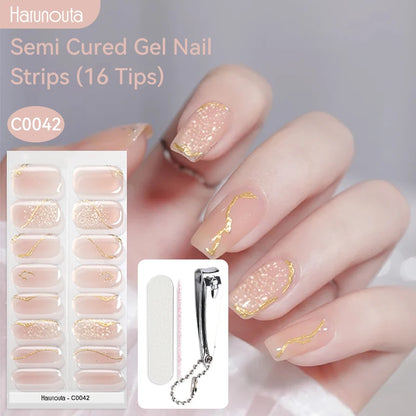 Harunouta 16strips Semi Cured Gel Nail Strips with Nail Clipper Set Self-Adhesive Glitter for Nails Work with UV/LED - Set 08