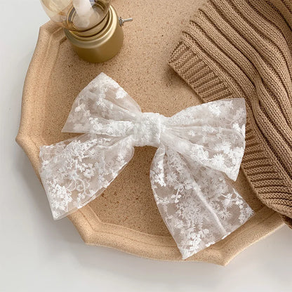 Lace bow hair clip, embroidered sweet and elegant, ribbon spring clip, internet-famous girl headwear hair clip - WHITE