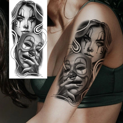 1 Sheet Evil Women Face Joker Mask Temporary Tattoos For Men Women Adults Waterproof Realistic Fake Tattoos Long Lasting Stic