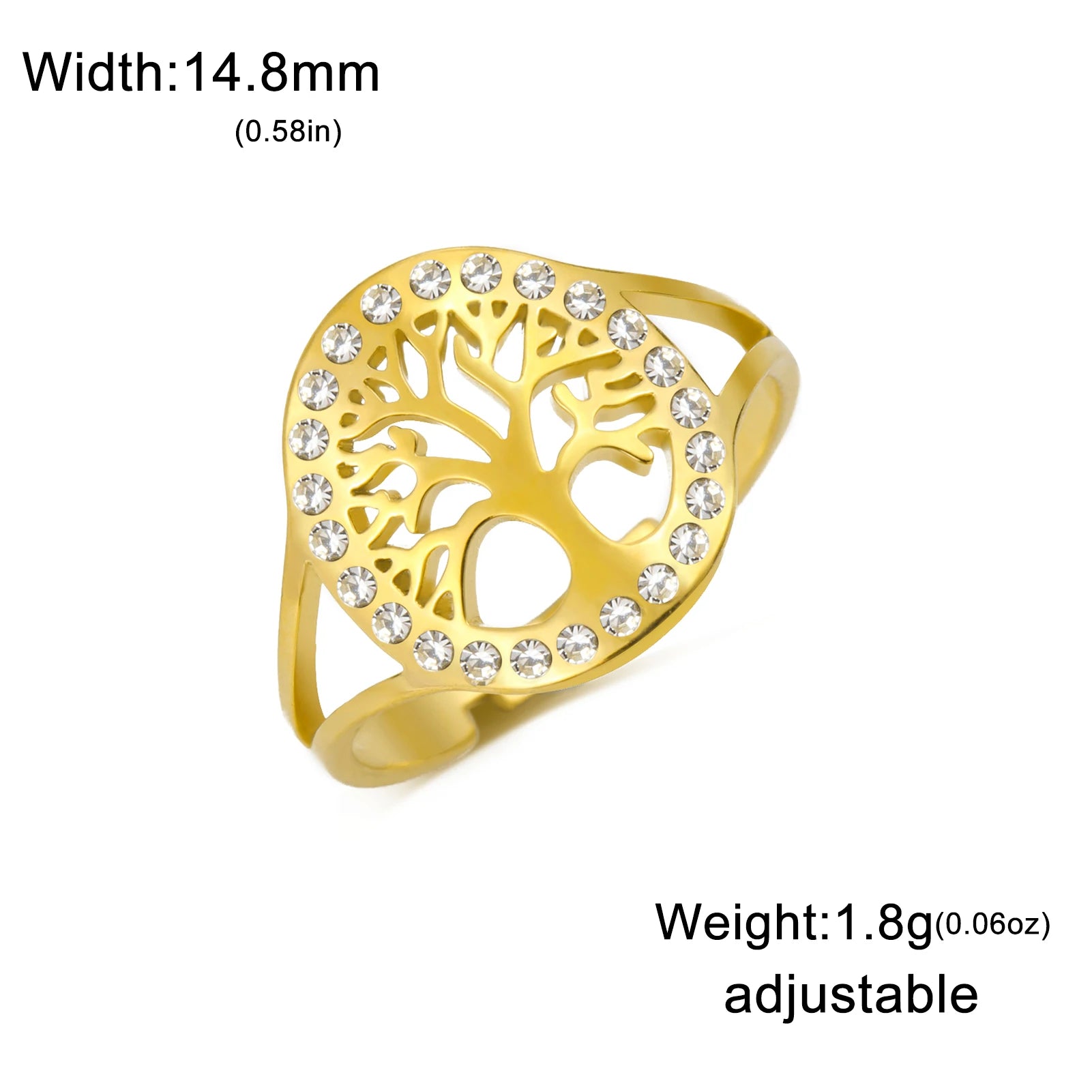 Skyrim Tree of Life Clear Zircon Round Ring Stainless Steel Gold Color Adjustable Women Finger Rings Amulet Jewelry - Gold