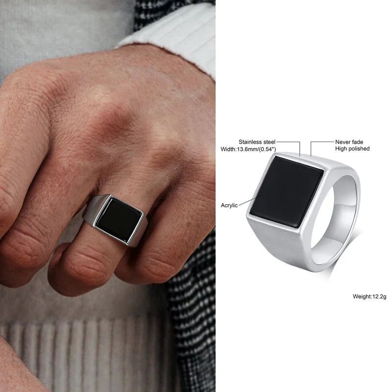 Punk Vintage Ethnic Rings for Men, Retro Viking Knot Rune Finger Band, Black Geometric Square Stone Signet Ring Jewelry - RC-
