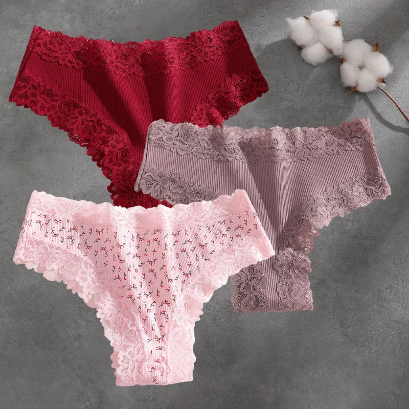 3Pcs Cotton Lace Patchwork Bikini Panties Women Seamless Floral Print Brazilian Pants Low Waist Breathable Female Sexy Linger