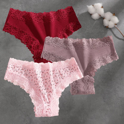 3Pcs Cotton Lace Patchwork Bikini Panties Women Seamless Floral Print Brazilian Pants Low Waist Breathable Female Sexy Linger