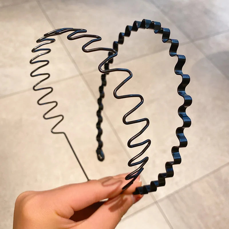 Unisex Black Elastic Non Slip Simple Metal Headbands For Men Women Wavy Hairband Spring Hair Hoop Fashion Hair Accessories - 
