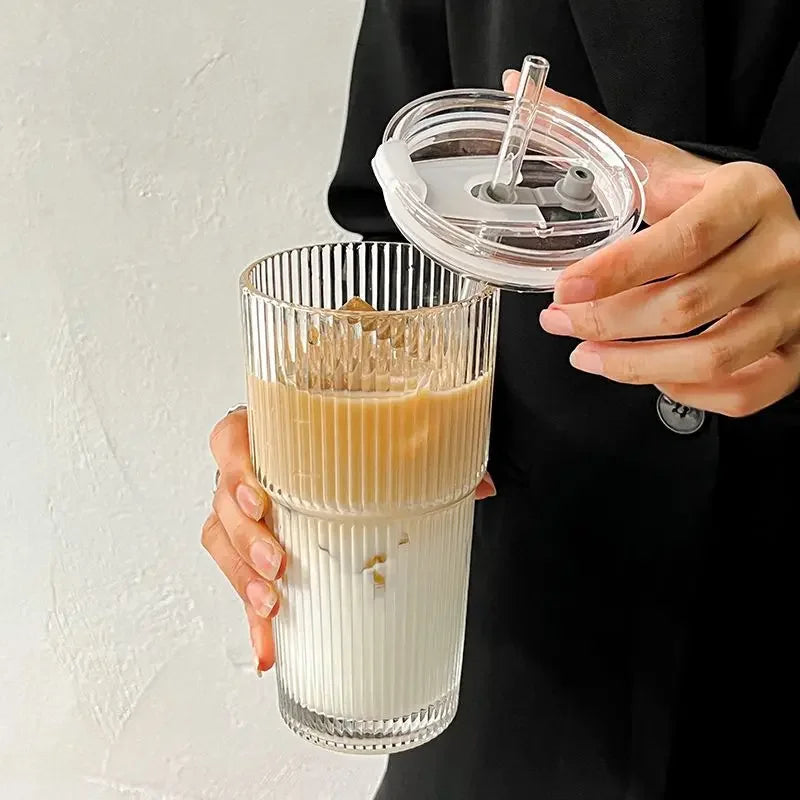 600ML Stripe Glass Coffee Cup with Lid and Straw Transparent Drinking Glasses for Juice Milk Tea Cups Iced Coffee Mugs Drinkw