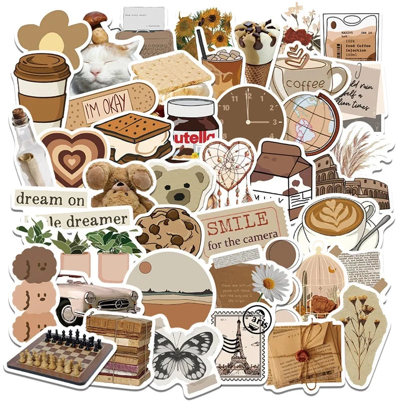 10/30/60PCS Vintage Brown Sticker Aesthetic PVC Laptop Sketchbook Stationery Decoraction Scrapbooking School Supplies - 30PCS