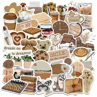 10/30/60PCS Vintage Brown Sticker Aesthetic PVC Laptop Sketchbook Stationery Decoraction Scrapbooking School Supplies - 30PCS