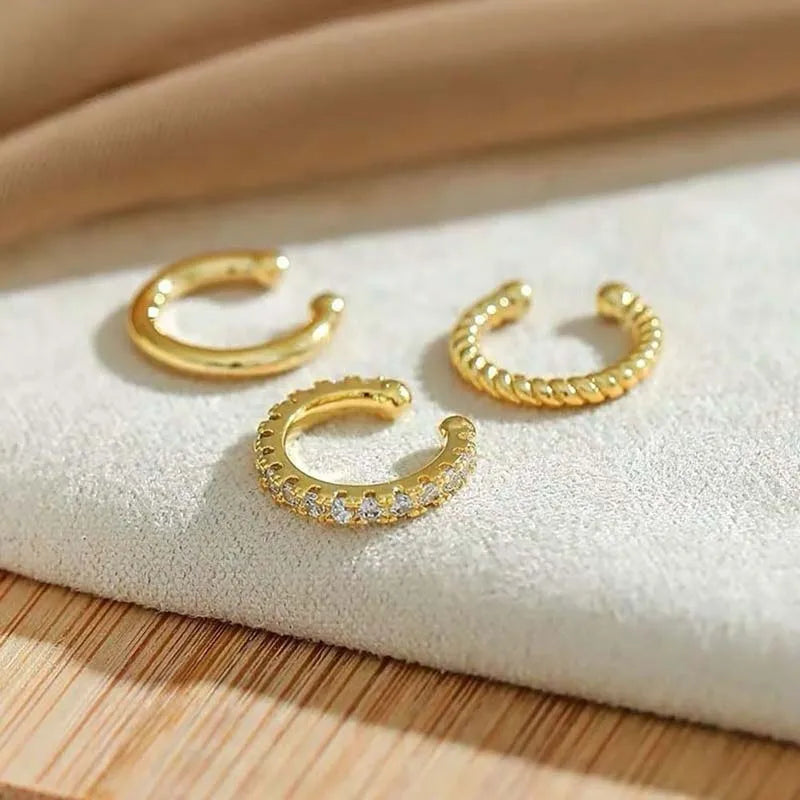 3Pcs/Set Fashion Gold Color Crystal Clip Earrings for Women Girls Minimalist Metal C-shaped Fake Piercing Ear Cuff Ear Jewelr