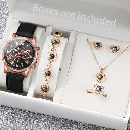 5/6PCS Fashion Women's Quartz Watch Leather Band Analog Wrist Watches Heart Rhinestone Jewelry Set(Without Box) - Black Set N