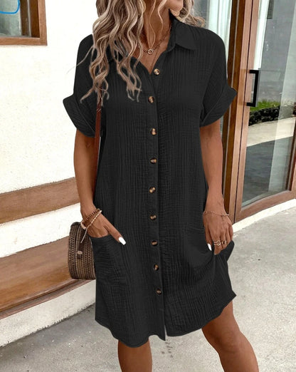 Vintage Women Solid Mini Dress Summer Fashion V-neck Three Quater Sleeve Cotton Linen Dress Ladies Casual Holiday Vestidos - 