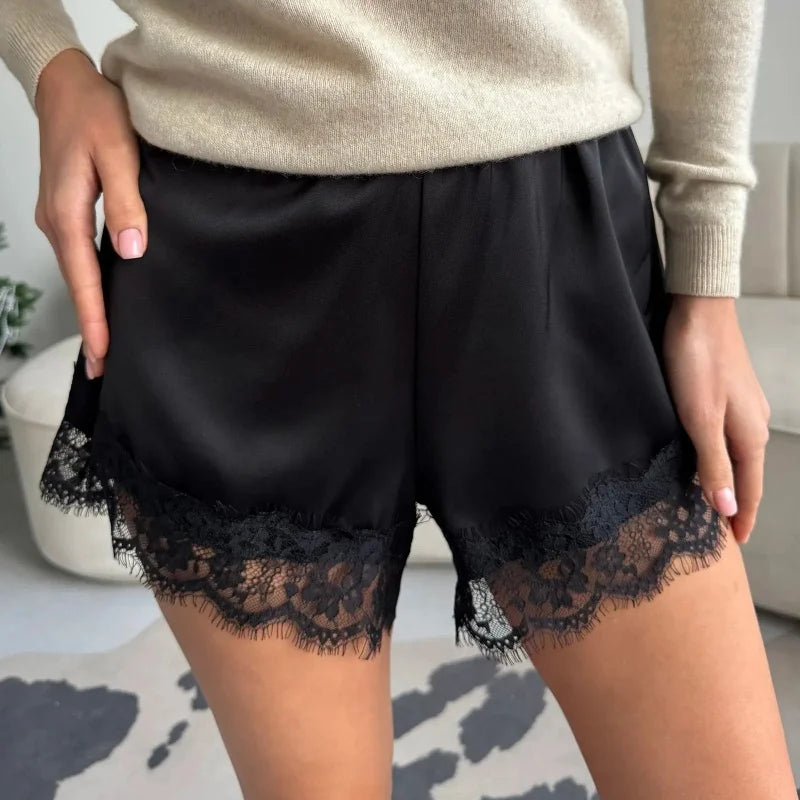Women Heart Print Lace Satin Shorts Silk Y2k Elastic Waist Mini Shorts Coquette Aesthetic Boxer Slip Pettipants French Knicke