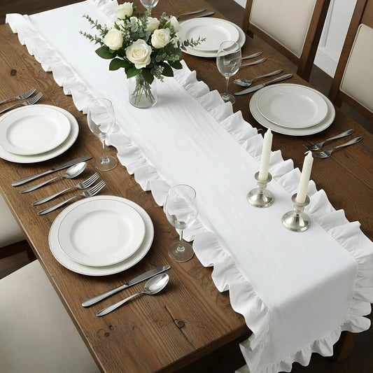 Ruffle Table Runner 100% Cotton Fabric Farmhouse Rustic Ruffled Edge Table Runner Wedding Decor for Christmas Holiday Baby Sh