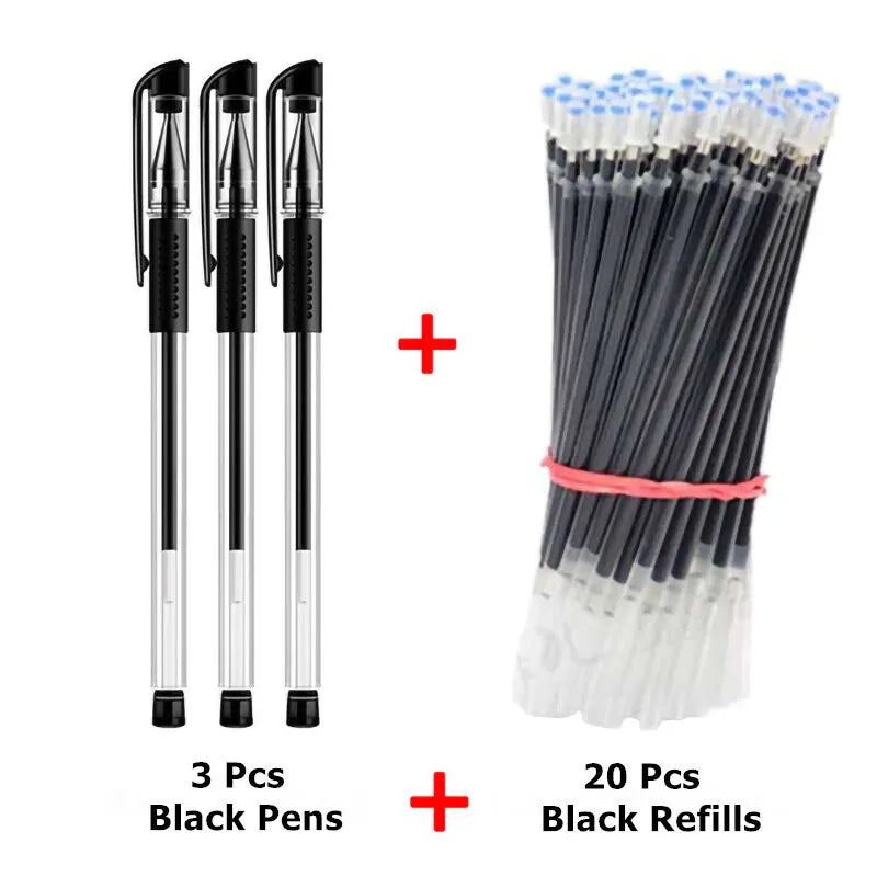 3 Gel Pens + 20 Refills Set 0.5mm Black Blue Red Ink Journal Writing School Supplies Stationery - Black-3Pens 20Refill