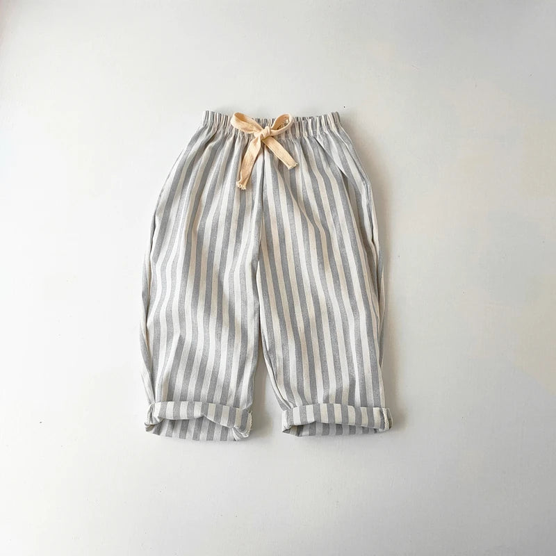 Children's Clothing Vintage Linen Cotton Stripe Pants Baby Boy Girl Casual Shorts Spring Summer Girls Loose Trousers and Shor