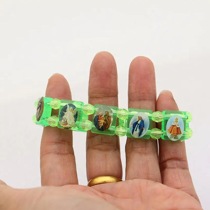 Vintage Jesus And Virgin Mary PVC Rosary Bead Bracelet With Elastic Band Religious Image Stickers For Daily Wear Parties - A4