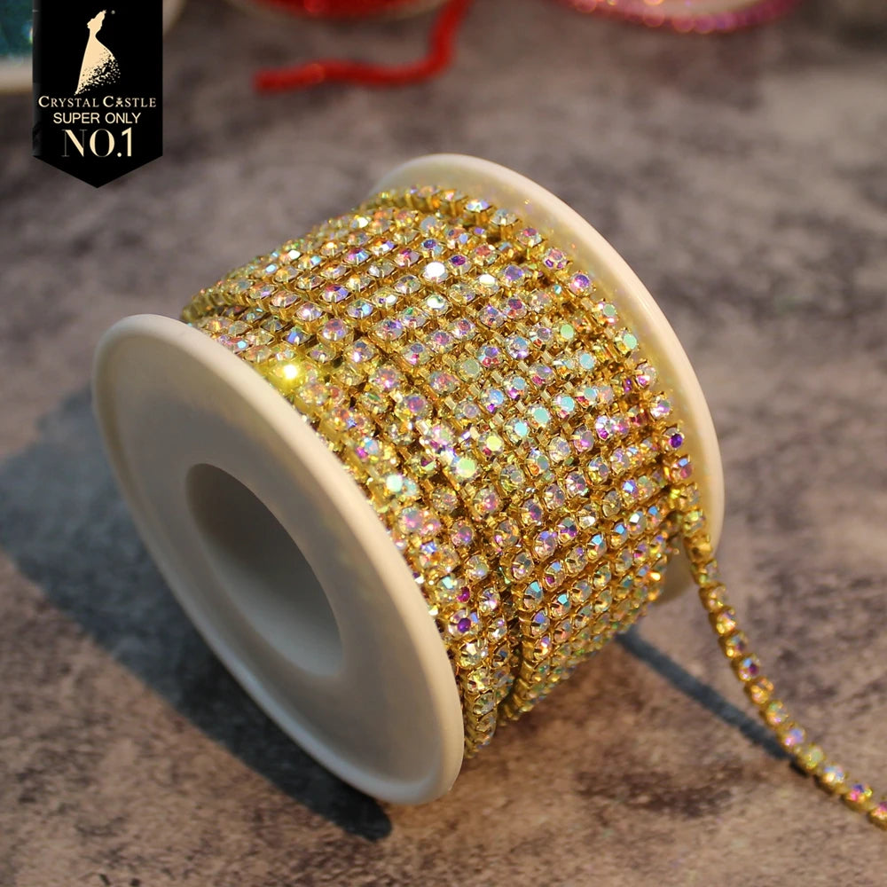 Rhinestones Chain Roll Tassel 1/10Yard Crystal Ribbon Strass Banding Sew On Gold Rhinestone Trim Strip Cup Chains For Needlew
