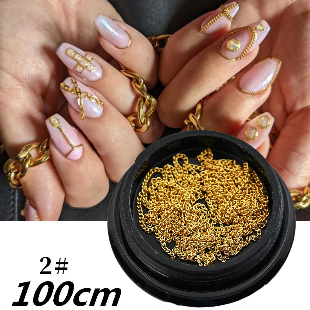 100/50cm Long Luxury Crystal Chain Nail Charms 1.5/2mm Shinying Clear/AB Diamond Nail Art Metal Steel French Manicure Crystal