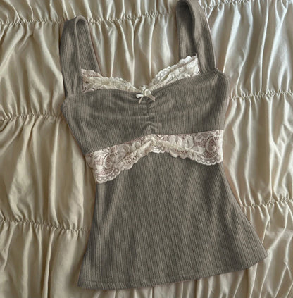 Summer Lace Patchwork Coquette T-shirt Ribbed Knit Slim Fit Milkmaid Tees Women Short Sleeve Y2k Grunge Crop Tops Aesthetic