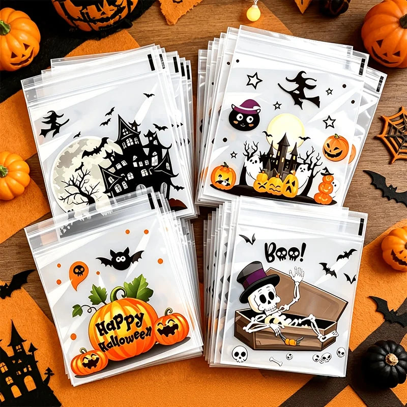 100Pcs Small Halloween Treat Bags,Clear Self Adhesive Candy Bags, Plastic Cookie Bags for Trick or Treat, Halloween Goodie Ba