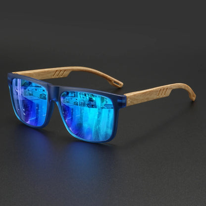 New Fashion Square Sunglasses - Wood Grain Spring Hinge, UV400 Unisex for Driving, Hiking & Travel - C6-blue