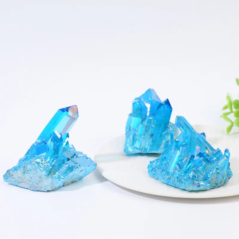Sky Blue Quartz Natural Stones Electroplating Titanium Crystal Cluster Stone Specimens Cured Coating Healing Crystals Home De