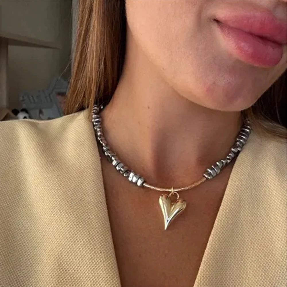 Fashion Vintage Silver Color Geometric Bead Chain Necklace For Women Female Boho Tassel Heart Pendant Jewelry - NES-25919-9
