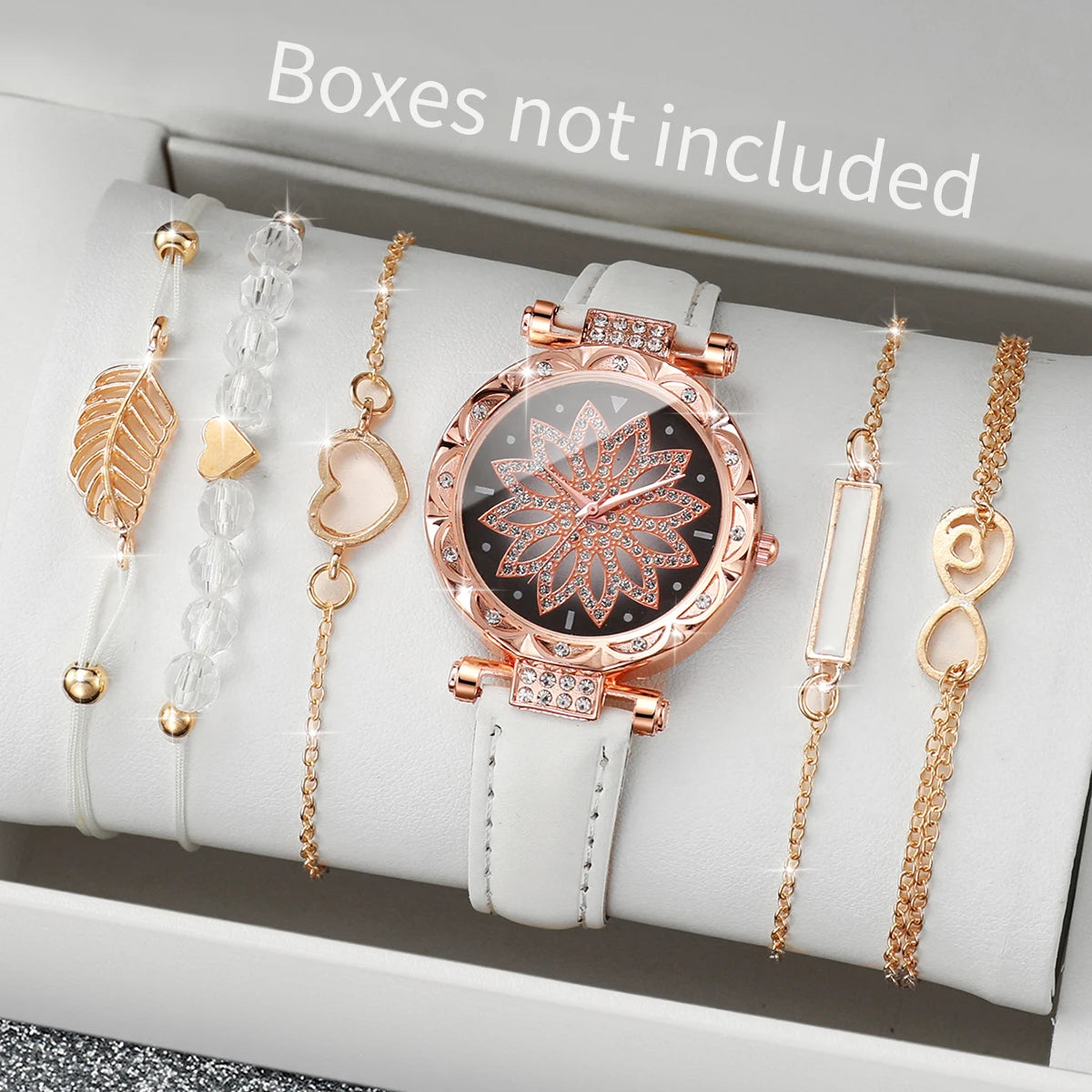 6PCS/Set Fashion Heart Dial Women's Watch Casual Leather Band Analog Quartz Watch Leaf Bracelets Set（Without Box） - B White N