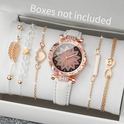 6PCS/Set Fashion Heart Dial Women's Watch Casual Leather Band Analog Quartz Watch Leaf Bracelets Set（Without Box） - B White N
