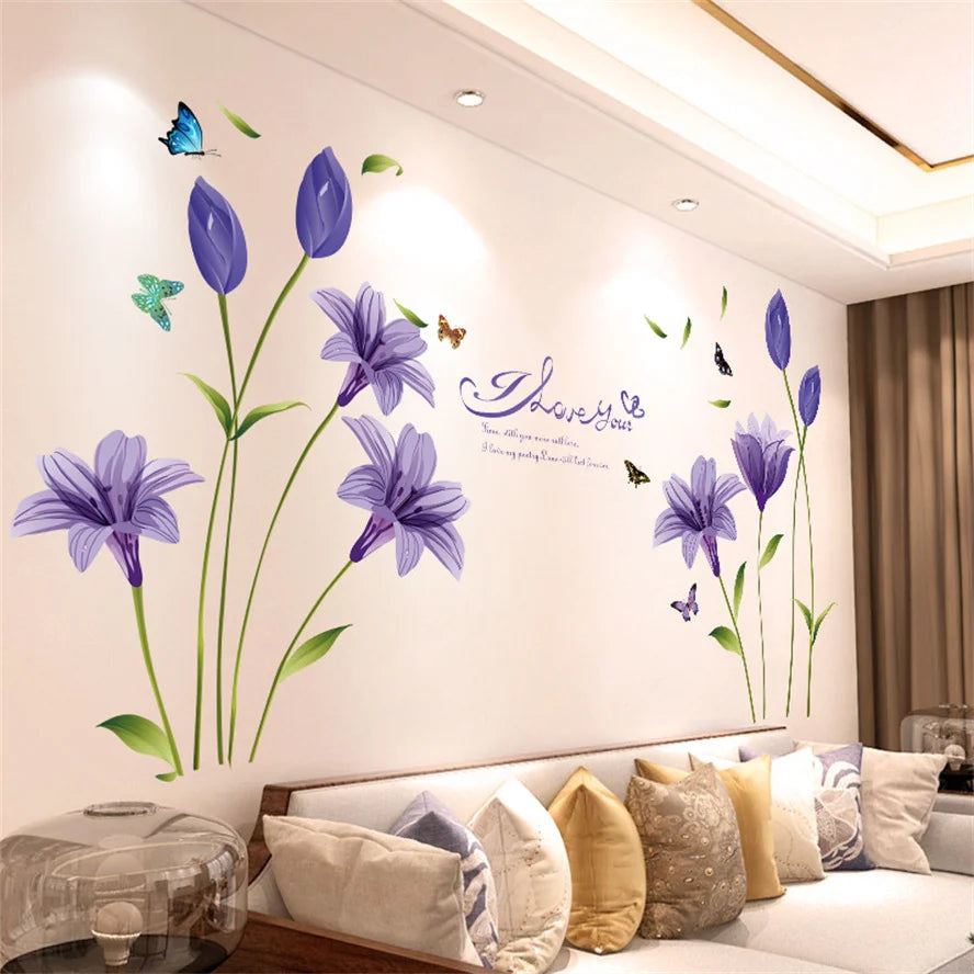 DIY Purple Lavender Living Room Wall Stickers Decor Self-adhesive Flowers Butterfly Wall Decals Mural Bedroom Home Decoration
