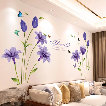 DIY Purple Lavender Living Room Wall Stickers Decor Self-adhesive Flowers Butterfly Wall Decals Mural Bedroom Home Decoration