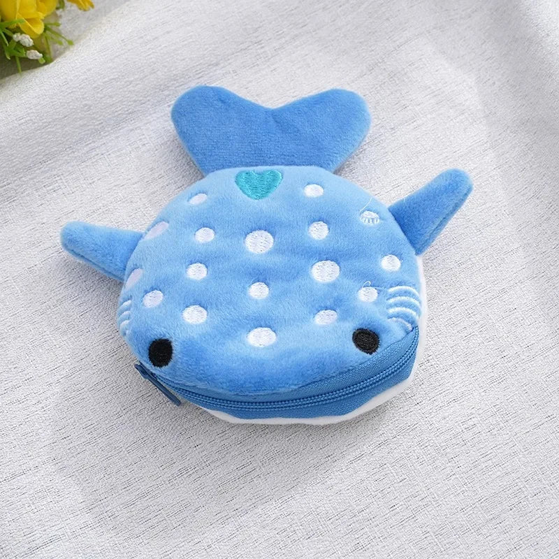 New Cartoon Shark Plush Coin Purse Cute Coin Holder with Keyring Data Cable Organiser Zippered Pouch Small Gift - Blue