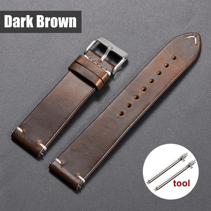 18mm 20mm 22mm Vintage Oil Wax Leather Watchband 19mm 21mm 24mm Universal Stitching Cowhide Strap for Seiko for Omega Watch B