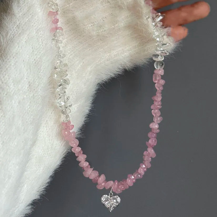 New Irregular Choker Vintage Zircon Heart Pendant Necklace For Women Female Pink & white Stone Chain Valentine's Gift N0548 -