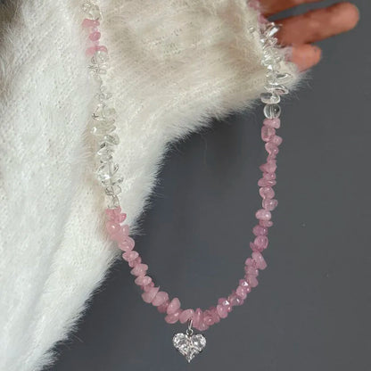 New Irregular Choker Vintage Zircon Heart Pendant Necklace For Women Female Pink & white Stone Chain Valentine's Gift N0548 -