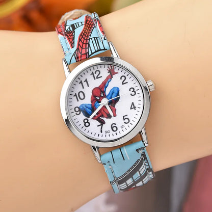 Disney SpiderMan Watch Cute Cartoon Watch Kids Watches Boys Christmas Gift Leather Quartz Watch - SKY BLUE