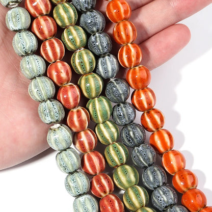 1 Strand Pumpkin Shape Stripe Ceramics Beads Colorful Floral Glaze Beads for Jewelry Making DIY Loose Spacer Beads Accessorie