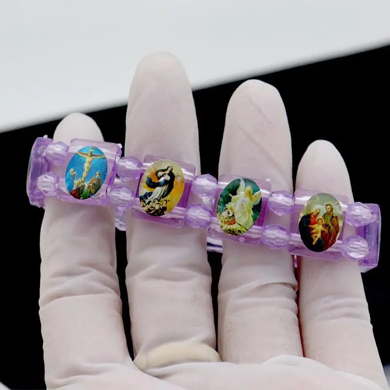 Vintage Jesus And Virgin Mary PVC Rosary Bead Bracelet With Elastic Band Religious Image Stickers For Daily Wear Parties