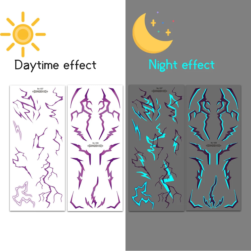 2pcs Glow in The Dark Kpop Gothic Women Face Temporary Tattoos -Cool Blue Purple Lightning & Vein Body Art Waterproof Tattoos