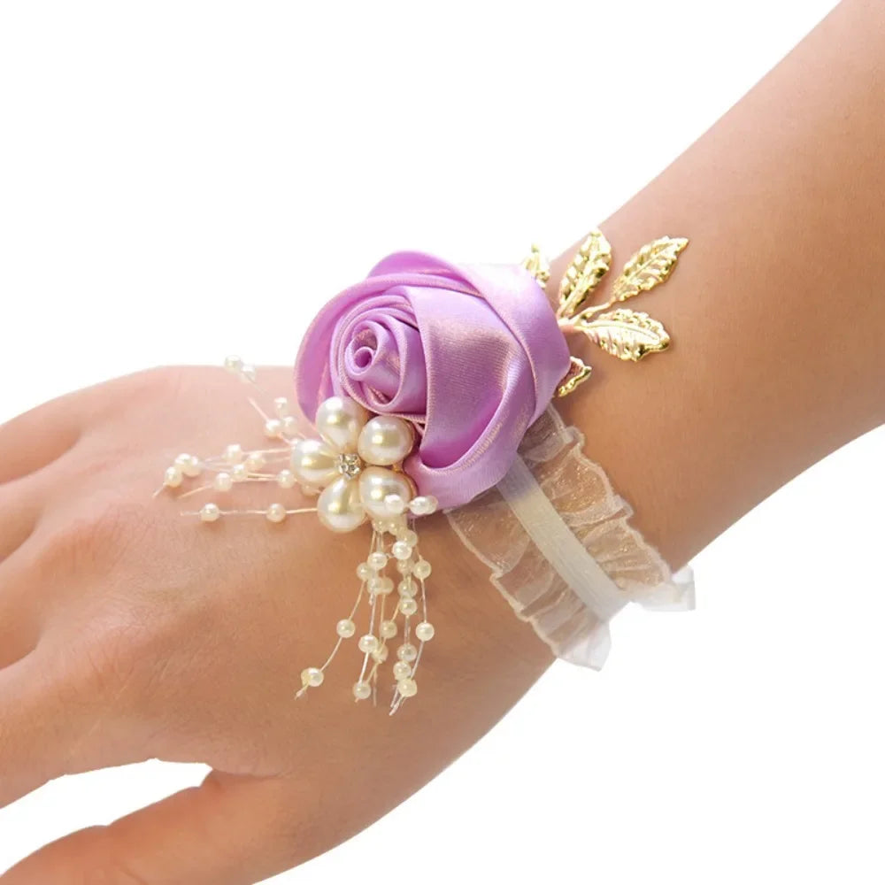 Bridesmaid Wrist Flowers Rose Corsage Pearl Polyester Ribbon Bracelet Wedding Accessories - light purple