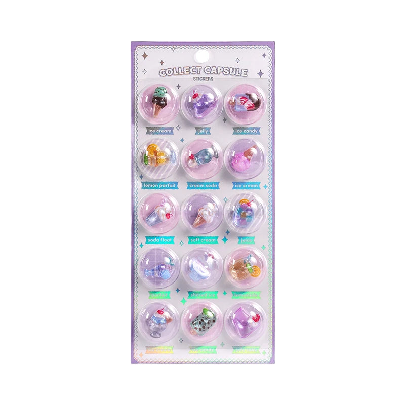 3 pcs/6 pcs Random 3D Creative Space Food Cartoon Round Relief Stickers Scrapbooking Diy Journal Cute Stationery Sticker - BU