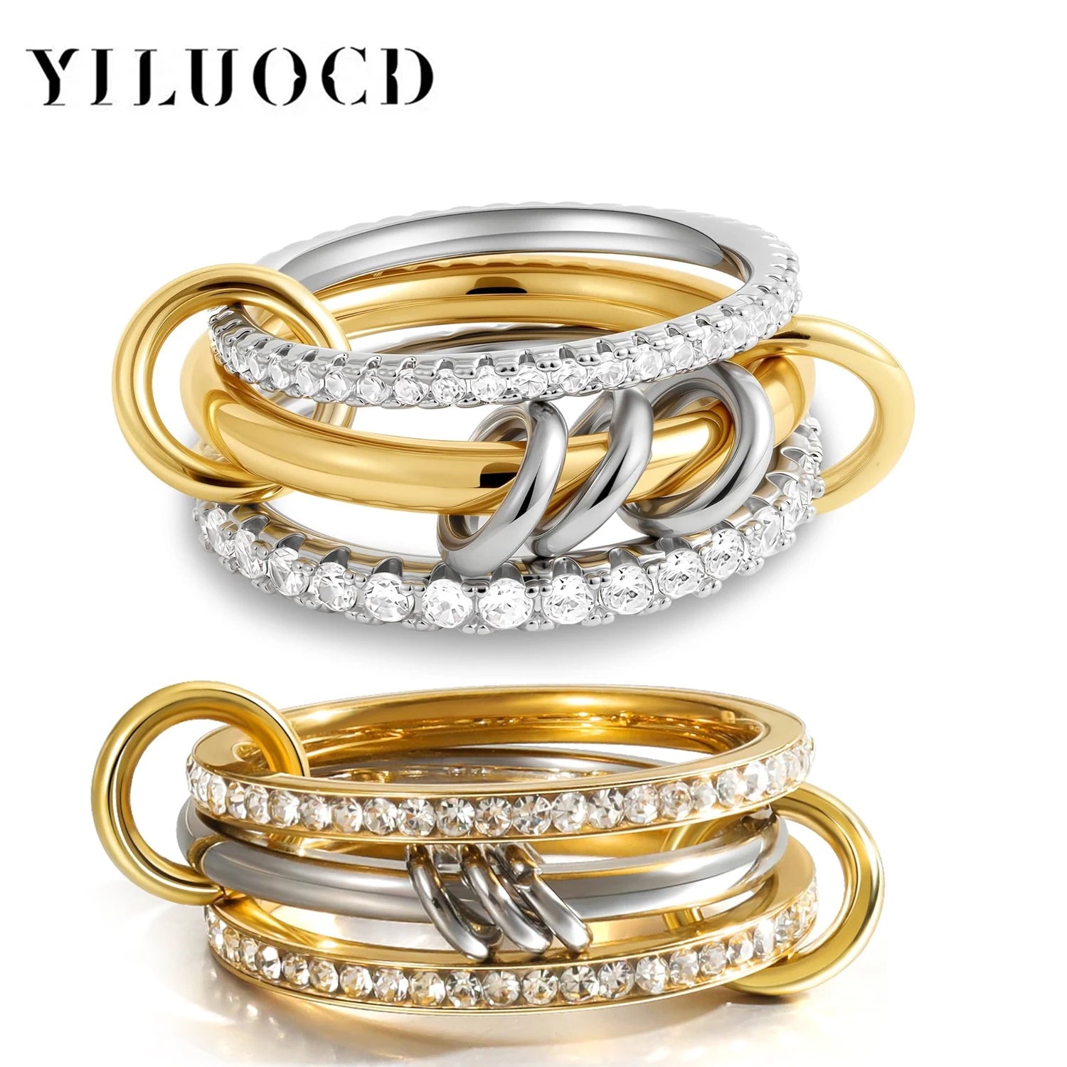 New Stainless Steel Cubic Zirconia Stackable Rings for Women 18k GoldPlating Multi-Link Connected Statement Ring Stack Jewelr