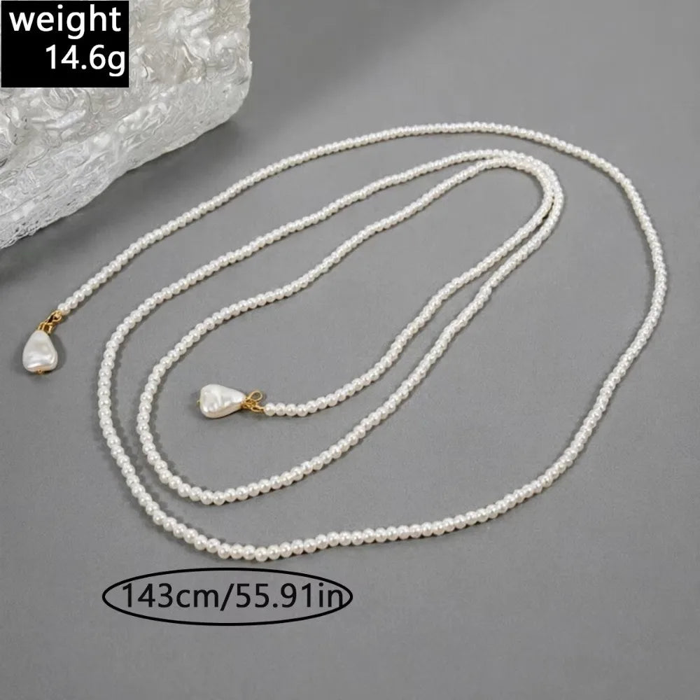 Imitation Pearl Pearl Lariat Necklace Multi Layer Design Teardrop Pendant Multi Layer Necklace Elegant Style Long Chain Lengt